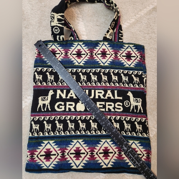 Patterned Wool Tote Bag - Black and Cream Natural Grocers Lama Lana Fabric Bag - Picture 3 of 7